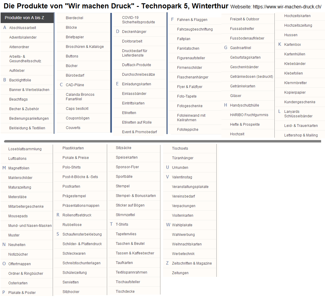 Die
                Produkteliste von "Wir machen Druck" in
                Winterthur, Technopark 5