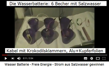 Die Wasserbatterie besteht aus 6 Bechern mit
                Salzwassern, Kabeln sowie Alu- und Kupferfolie