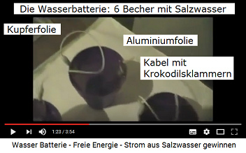Die Becher mit Salzwasser und Alu- und
                  Kupferfolie sind mit Kabeln mit Krokodilsklammern in
                  Reihe geschaltet