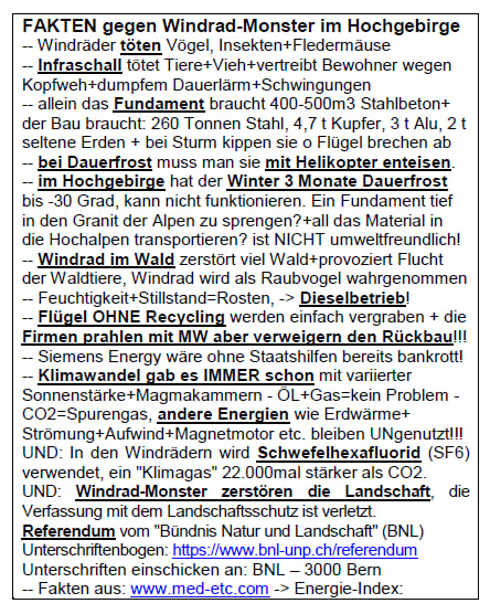 Flyer gegen Windrad-Monster
+ gegen den Mantelerlass in der
Schweiz 23.12.2023 Flyer
gegen Windrad-Monster + gegen den
Mantelerlass in der Schweiz
23.12.2023