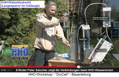 Salocher zeigt die Verbindungen zwischen
                          den Elementen des HHO-Wassermotors HHO-Zelle -
                          Laugenbeh�lter (Elektrolytgef�ss) - Bubbler
