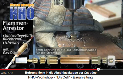 In das Endstück (Abschlusskappe) der
Gasdüse wird eine Bohrung 5mm gebohrt In das Endstück (Abschlusskappe) der
Gasdüse wird eine Bohrung 5mm gebohrt
