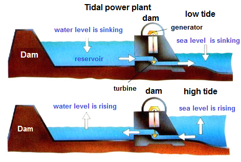 Tidal power plant
with turbine in a dam between
water stream of low and high
tide, schema Tidal power plant with
turbine in a dam between water
stream of low and high tide,
schema