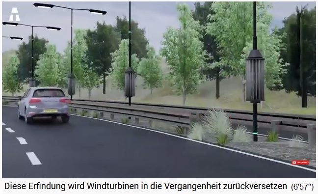Kleine, vertikale Windturbinen an der Autobahn
mit Fahrtwind Kleine, vertikale Windturbinen an
der Autobahn mit Fahrtwind