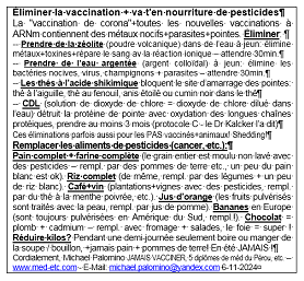 Volant le 6-11-2024:
                              �liminer la vaccination et remplacer les
                              vivres de pesticide (int�gral, caf�, jus
                              d'orange, banane, vin)