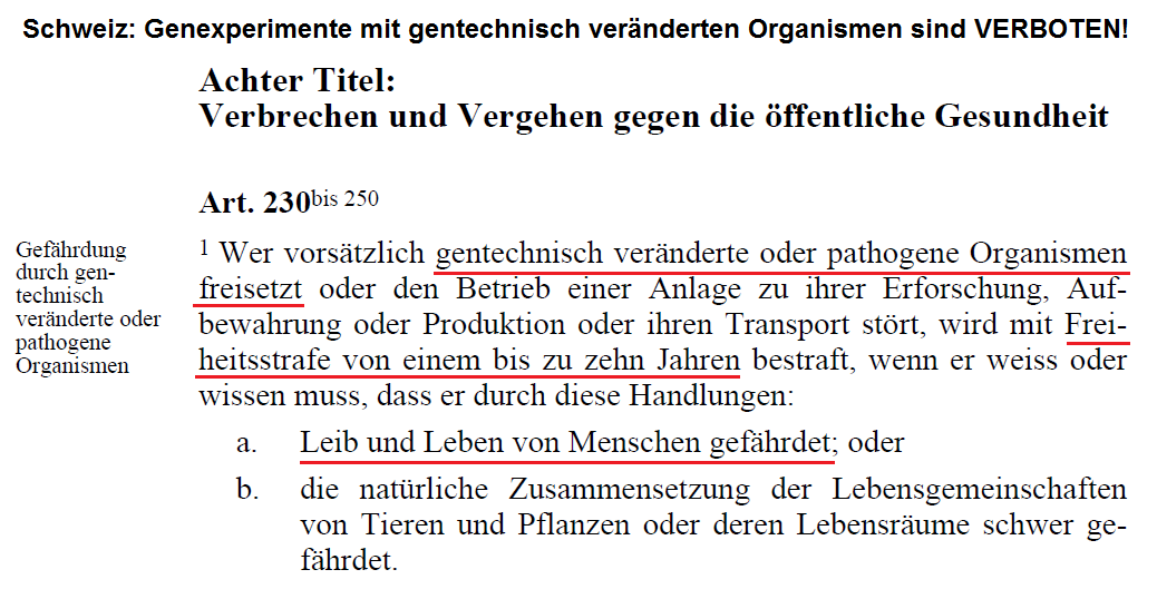 Gentechnisches
                            Material freisetzen und dabei Leben
                            gef�hrden ist verboten bei 10 Jahren
                            Gef�ngnis