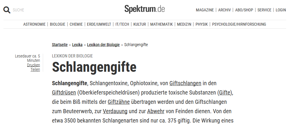 www.spektrum.de Biologielexikon: Artikel über
Schlangengifte Schwarz auf Weiss www.spektrum.de
Biologielexikon: Artikel über Schlangengifte Schwarz auf
Weiss