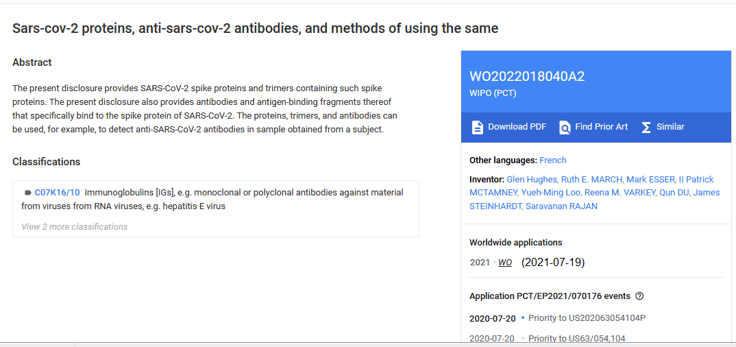 Patent von AstraZeneca 19.7.2021: Sars-cov-2
proteins, anti-sars-cov-2 antibodies, and methods of
using the same Patent von AstraZeneca 19.7.2021:
Sars-cov-2 proteins, anti-sars-cov-2 antibodies, and
methods of using the same
