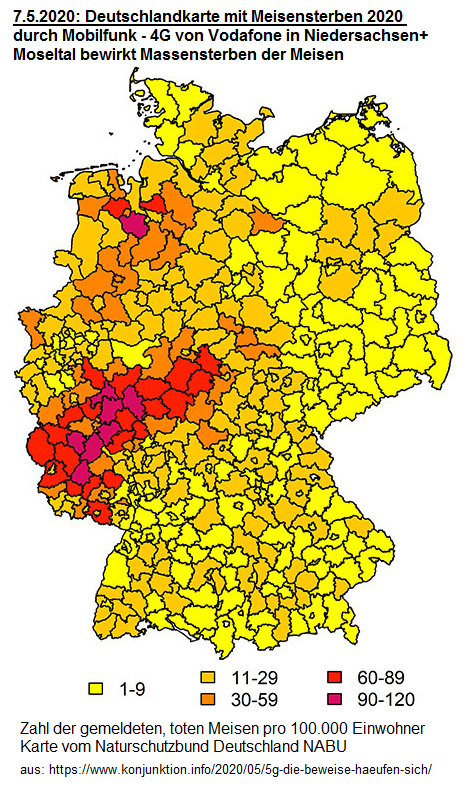 Deutschlandkarte mit dem Meisensterben 2020
durch den 4G-Ausbau von Vodafone in der Region
Oldenburg und im Moseltal - Karte des Deutschen
Naturschutzbundes NABU – Bildquelle:
www.5gspaceappeal.org Deutschlandkarte mit dem
Meisensterben 2020 durch den 4G-Ausbau von Vodafone in
der Region Oldenburg und im Moseltal - Karte des
Deutschen Naturschutzbundes NABU – Bildquelle:
www.5gspaceappeal.org
