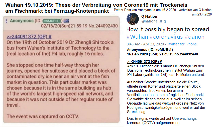 Anonymous meldete am 16.2.2020 bereits,
Corona19 sei durch Dr. Zhengli Shi am 19.10.2019
in Wuhan verbreitet worden - Twitter-Post von Q
Nation vom 23.4.2020 Anonymous meldete am
16.2.2020 bereits, Corona19 sei durch Dr. Zhengli
Shi am 19.10.2019 in Wuhan verbreitet worden -
Twitter-Post von Q Nation vom 23.4.2020
