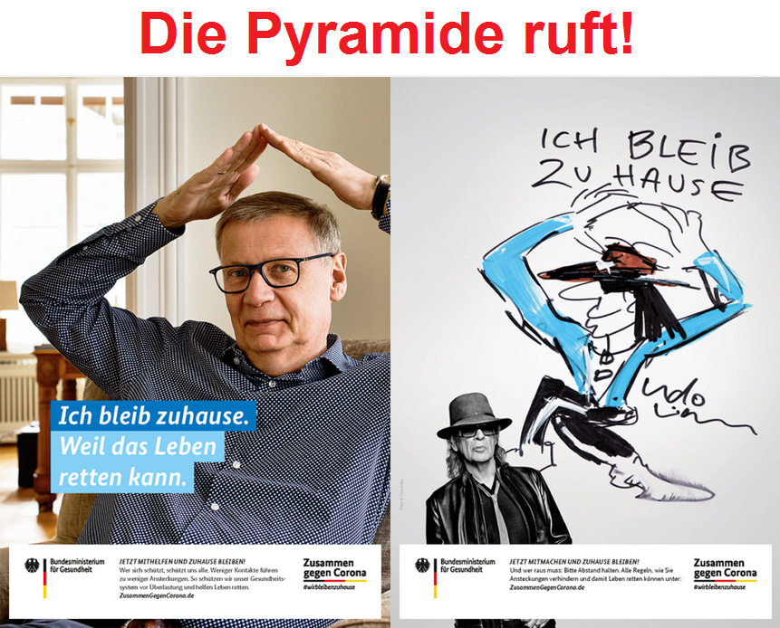 Propaganda "Zusammen gegen Corona" mit
Handzeichen mit Dreieck über dem Kopf (Jauch und
Lindenberg) Propaganda "Zusammen gegen
Corona" mit Handzeichen mit Dreieck über dem Kopf
(Jauch und Lindenberg)