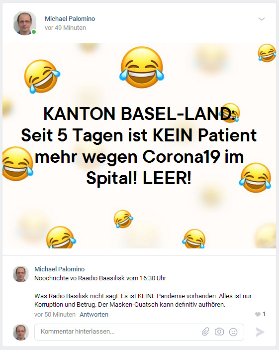 Kanton Basel-Land: Seit 5 Tagen ist kein
                  Corona-Patient mehr im Spital - die Spit�ler sind LEER
                  - Meldung von Radio Basilisk vom 7.9.2020 von 16:30
                  Uhr