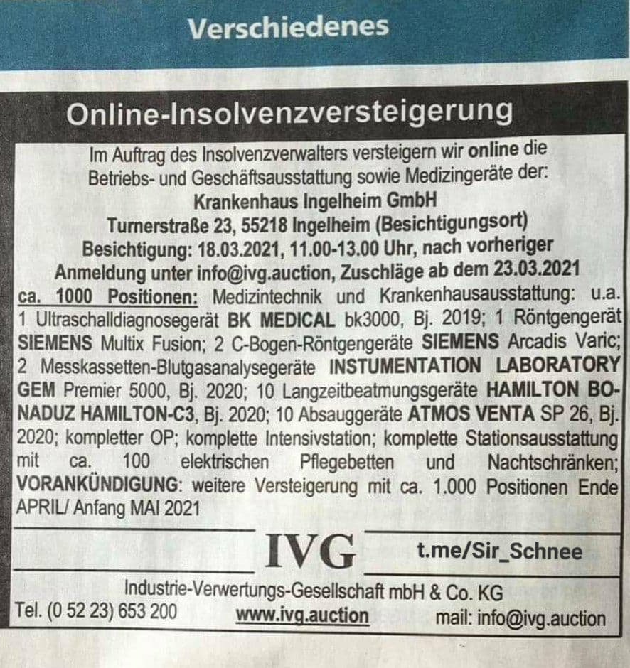 4R am 26.3.2021: Krankenhaus
                    Ingelheim hat dicht gemacht - nun wird versteigert -
                    weil eine Pandemie w�tet!