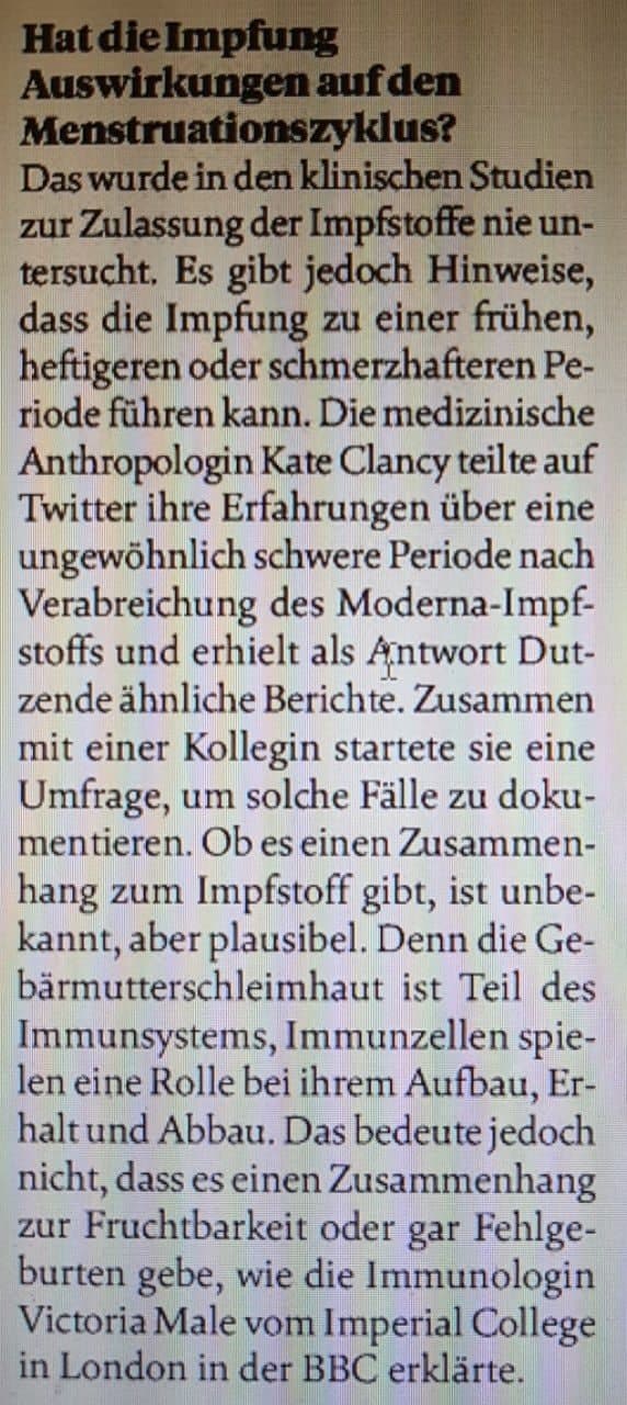 21.6.2021: Genimpfung provoziert lange
Menstruation 21.6.2021: Genimpfung
provoziert lange Menstruation