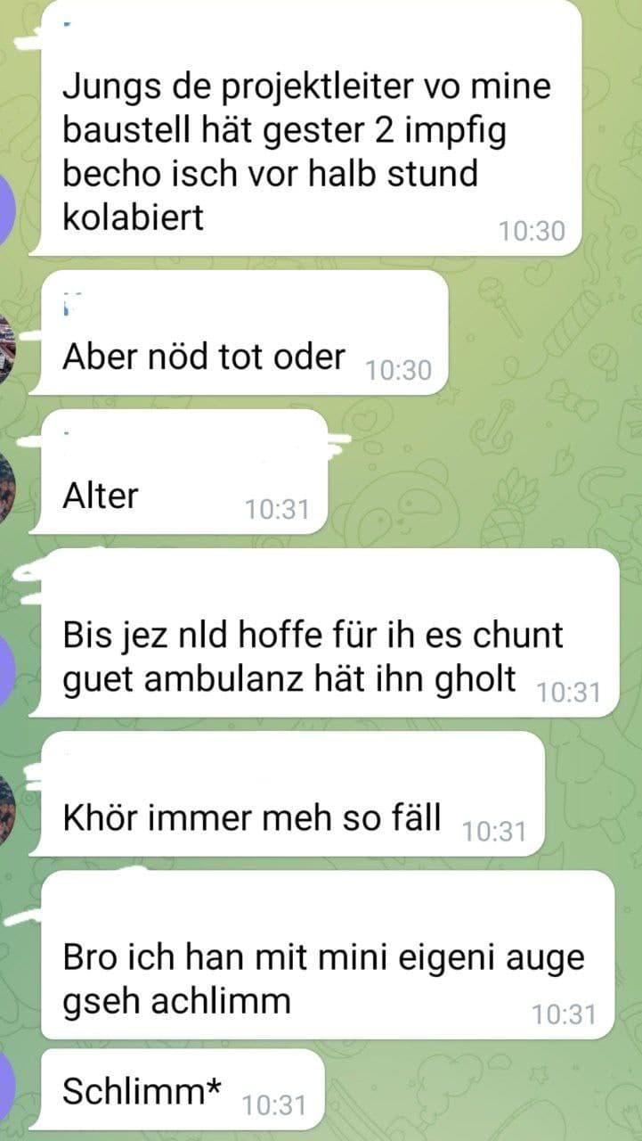 Kanton Zürich 30.6.2021:
Baustellenleiter kollabiert nach 2.
Genimpfung Kanton Zürich 30.6.2021:
Baustellenleiter kollabiert nach 2.
Genimpfung