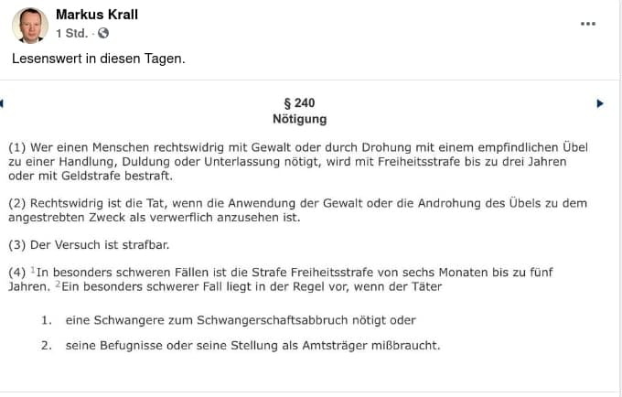 4R am 8.8.2021: Nötigung ist
strafbar Artikel 240 4R am 8.8.2021:
Nötigung ist strafbar Artikel 240