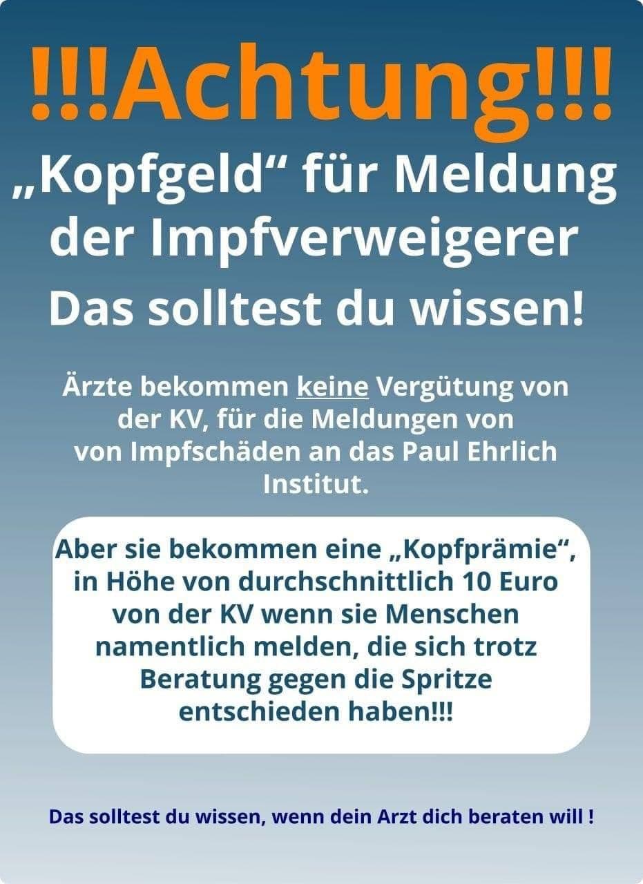 Kriminelle Ärzte im 4R am 5.9.2021:
Denunziation von UNgeimpften wird mit 10 Euro belohnt Kriminelle Ärzte im 4R am 5.9.2021: Denunziation
von UNgeimpften wird mit 10 Euro belohnt
