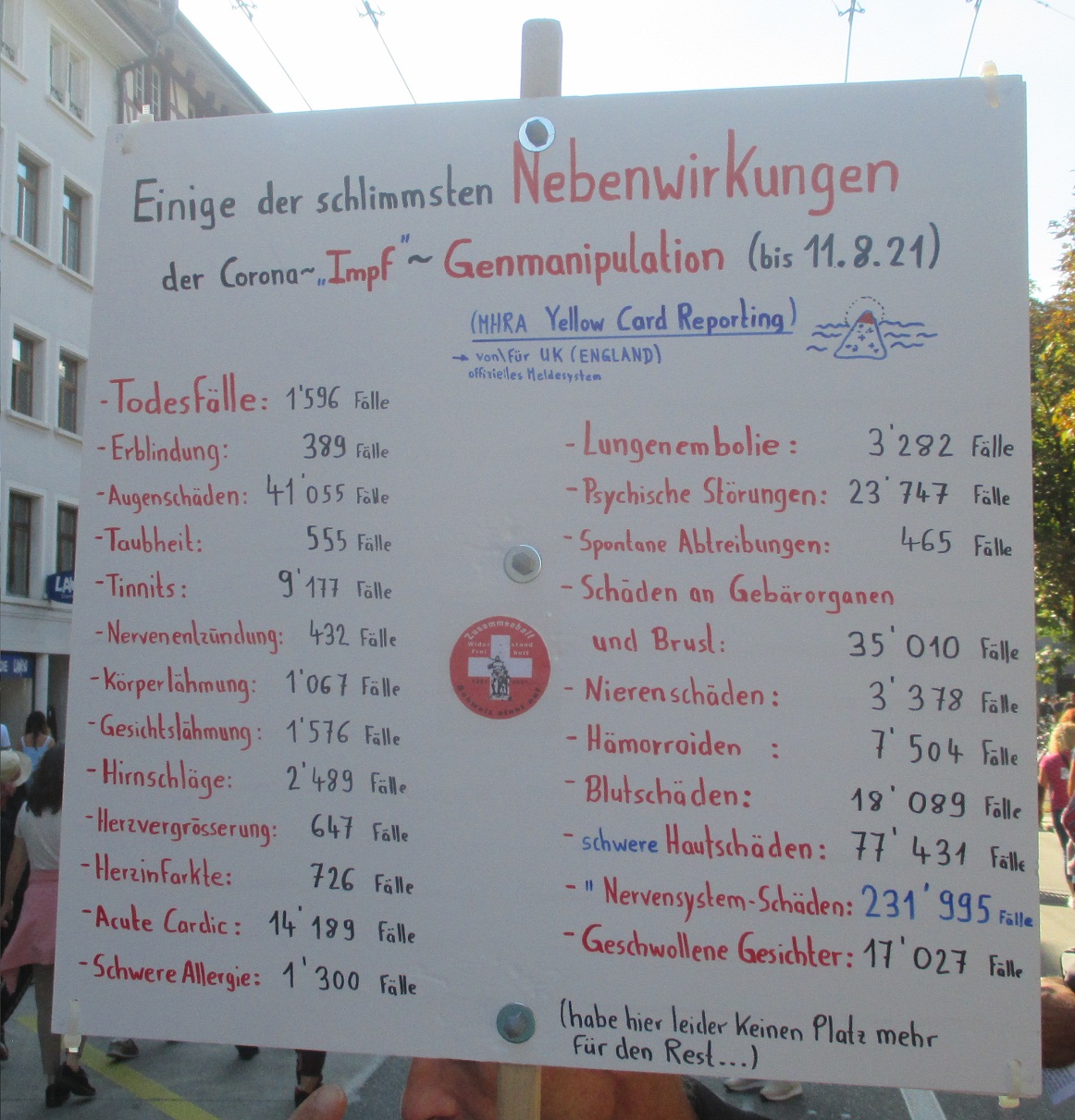 Demo Winterthur 18.9.2021: Ein Mensch, der
was von Medizin versteht, hat von einem britischen
Register (Yellow) auf einer Sperrholzplatte eine
Liste von schweren Nebenwirkungen der GENimpfungen
aufgeschrieben, inklusive GENimpfmorde Demo
Winterthur 18.9.2021: Ein Mensch, der was von
Medizin versteht, hat von einem britischen
Register (Yellow) auf einer Sperrholzplatte eine
Liste von schweren Nebenwirkungen der GENimpfungen
aufgeschrieben, inklusive GENimpfmorde