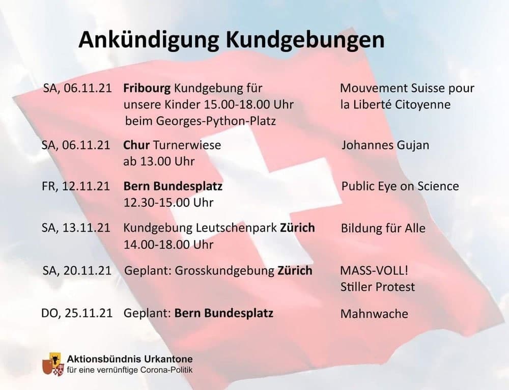 Widerstand mit Demo in der Schweiz 2.11.2021:
                      Liste der Demos (unvollst�ndig)