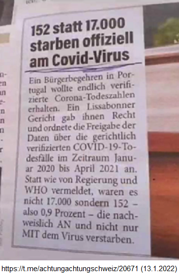 Spitaldesaster mit Betrug in Portugal
13.1.2022: 152 starben 2020 an Corona, nicht
17.000 Spitaldesaster mit Betrug in
Portugal 13.1.2022: 152 starben 2020 an
Corona, nicht 17.000