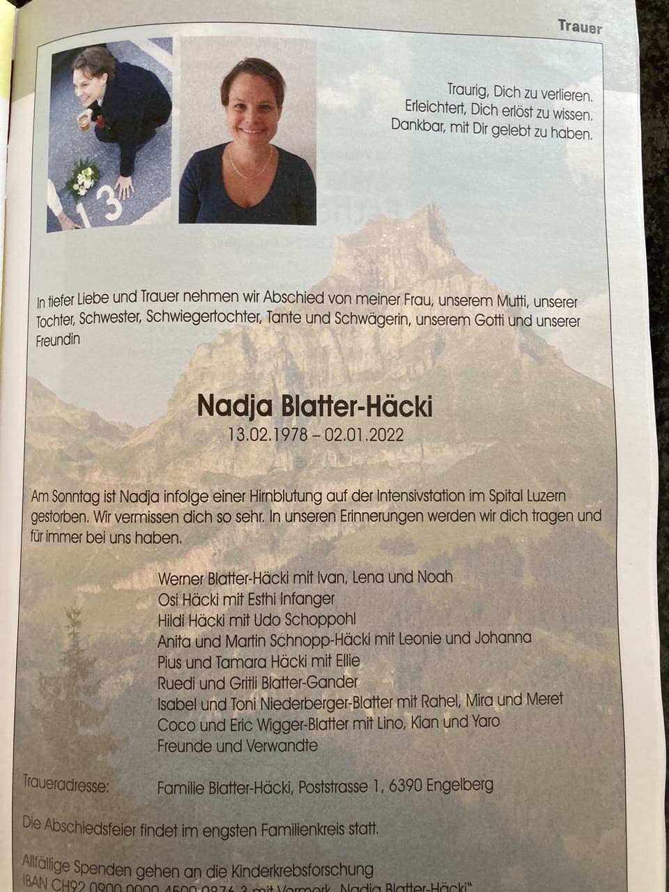 Verdacht
                  GENimpfmord in Engelberg (Obwalden) 13.1.2022: Nadja
                  ist mit 43 weg