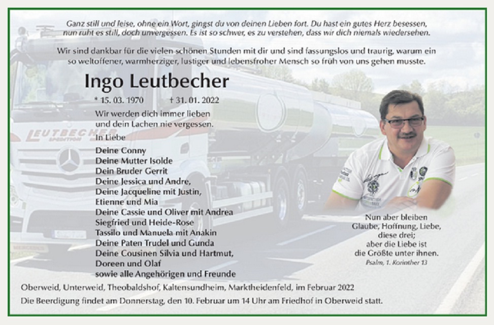 Verdacht GENimpfmord Th�ringen
                  8.2.2022: Spediteur Ingo Leutbecher ist mit 51 weg:
                  Spediteur aus der th�ringischen Rh�n mit 51 Jahren
                  unerwartet verstorben
