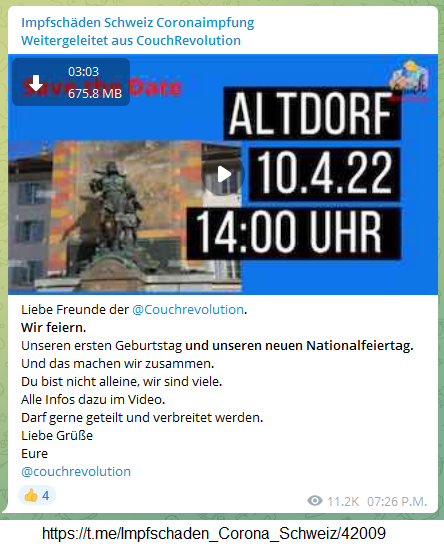 4.4.2022: Alternativer Nationalfeiertag der
Wahrheitswisser in der Schweiz: Demo in Altdorf
10.4.2022 - 14 Uhr 4.4.2022: Alternativer
Nationalfeiertag der Wahrheitswisser in der
Schweiz: Demo in Altdorf 10.4.2022 - 14 Uhr