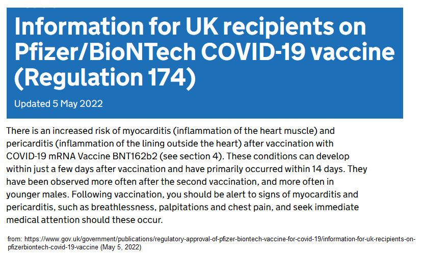 SCHLANGENGIFTimpfschaden GB 10.5.2022:
"BRITISCHE REGIERUNG STELLT HEIMLICH STILL UND
LEISE EINE WARNUNG VOR MYOKARDITIS AUF IHRE
WEBSITE" Information for UK recipients on
Pfizer/BioNTech COVID-19 vaccine (Regulation 174) SCHLANGENGIFTimpfschaden GB 10.5.2022:
"BRITISCHE REGIERUNG STELLT HEIMLICH STILL UND
LEISE EINE WARNUNG VOR MYOKARDITIS AUF IHRE
WEBSITE" Information for UK recipients on
Pfizer/BioNTech COVID-19 vaccine (Regulation 174)