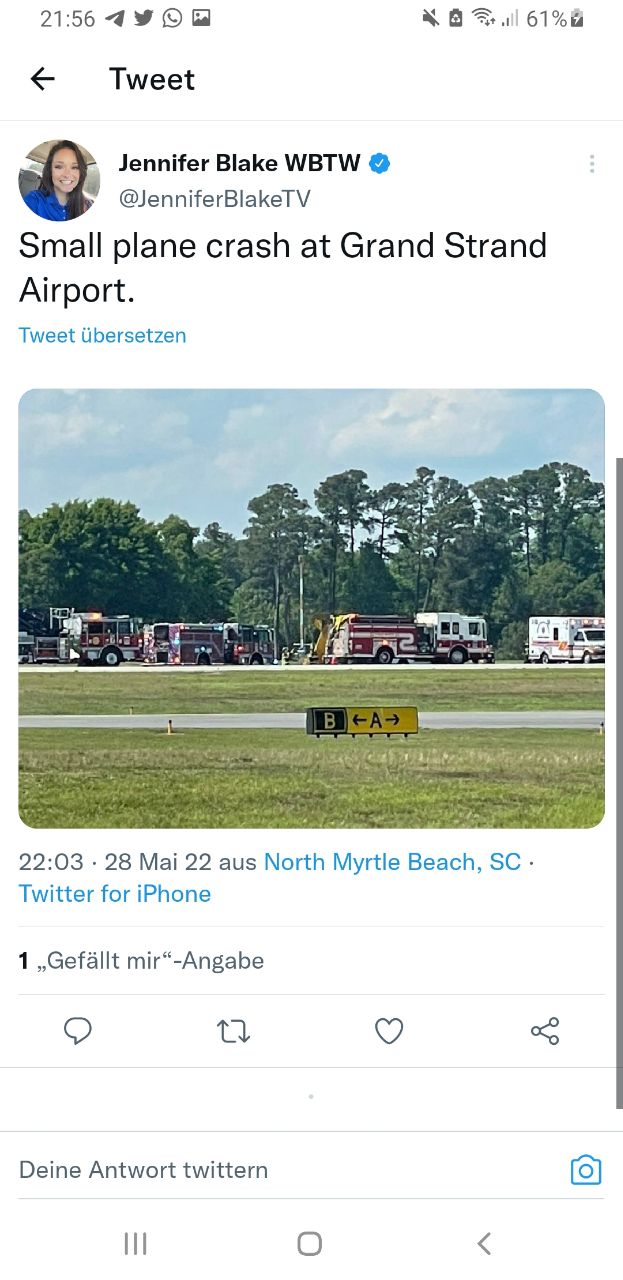 Flugzeugabsturz "USA" 07 in South
Carolina am Grand Strand Airport, 28.5.2022 Flugzeugabsturz "USA" 07 in South
Carolina am Grand Strand Airport, 28.5.2022
