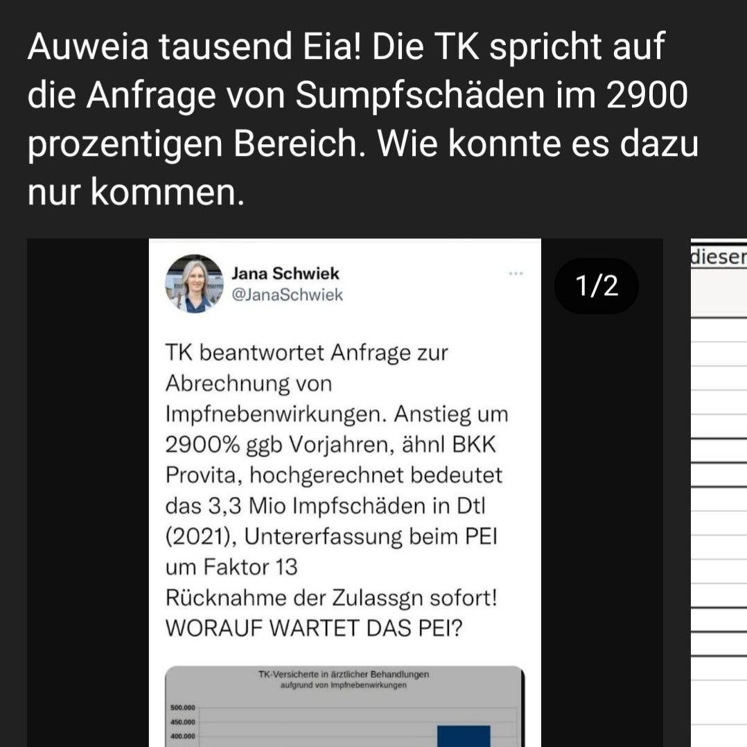 Zahlen SCHLANGENGIFTimpfschaden 4R 31.7.2022:
Technische Krankenkasse meint: Impfschäden haben um
2900% zugenommen Zahlen SCHLANGENGIFTimpfschaden
4R 31.7.2022: Technische Krankenkasse meint:
Impfschäden haben um 2900% zugenommen