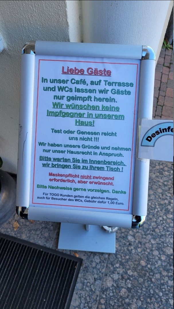 Diskriminierung von UNgeimpften in
Troisdorf-Mondorf (NRW, 4R) am 3.11.2022: Restaurant
will nur Geimpfte als Gäste - per
"Hausrecht" Diskriminierung von
UNgeimpften in Troisdorf-Mondorf (NRW, 4R) am
3.11.2022: Restaurant will nur Geimpfte als Gäste -
per "Hausrecht"