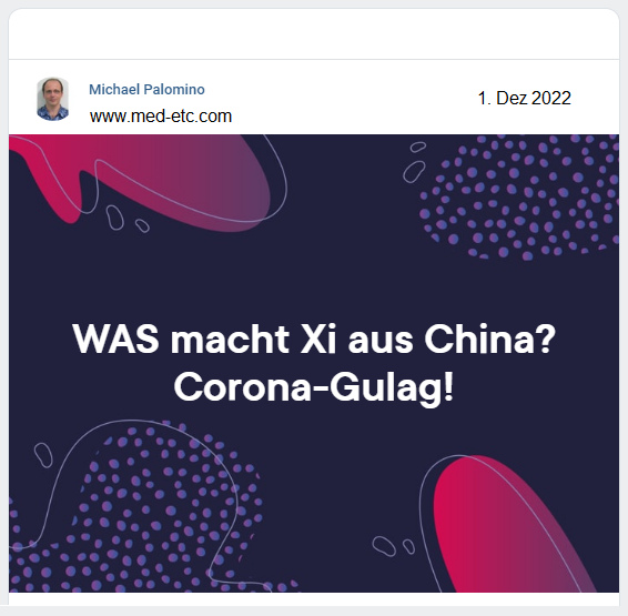 Widerstand Text: WAS macht Xi aus China?
Corona-Gulag! Michael Palomino, 1.12.2022 Widerstand Text: WAS macht Xi aus China?
Corona-Gulag! Michael Palomino, 1.12.2022