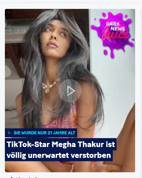 Verdacht "Corona"-Impfmord auf Tik
Tok in Kanada 2.12.2022: Meghaminnd Megha Thakur ist
mit 21 weg, Foto 2 Verdacht
"Corona"-Impfmord auf Tik Tok in Kanada
2.12.2022: Meghaminnd Megha Thakur ist mit 21 weg,
Foto 2