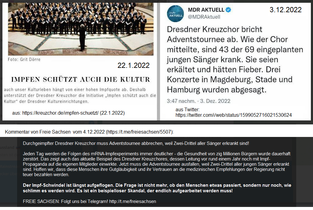 "Corona"-Impfschaden in Sachsen
(4R) 4.12.2022: Der "Kreuzchor" hat
Personalmangel: 2/3 sind krank! "Corona"-Impfschaden in Sachsen (4R)
4.12.2022: Der "Kreuzchor" hat
Personalmangel: 2/3 sind krank!
