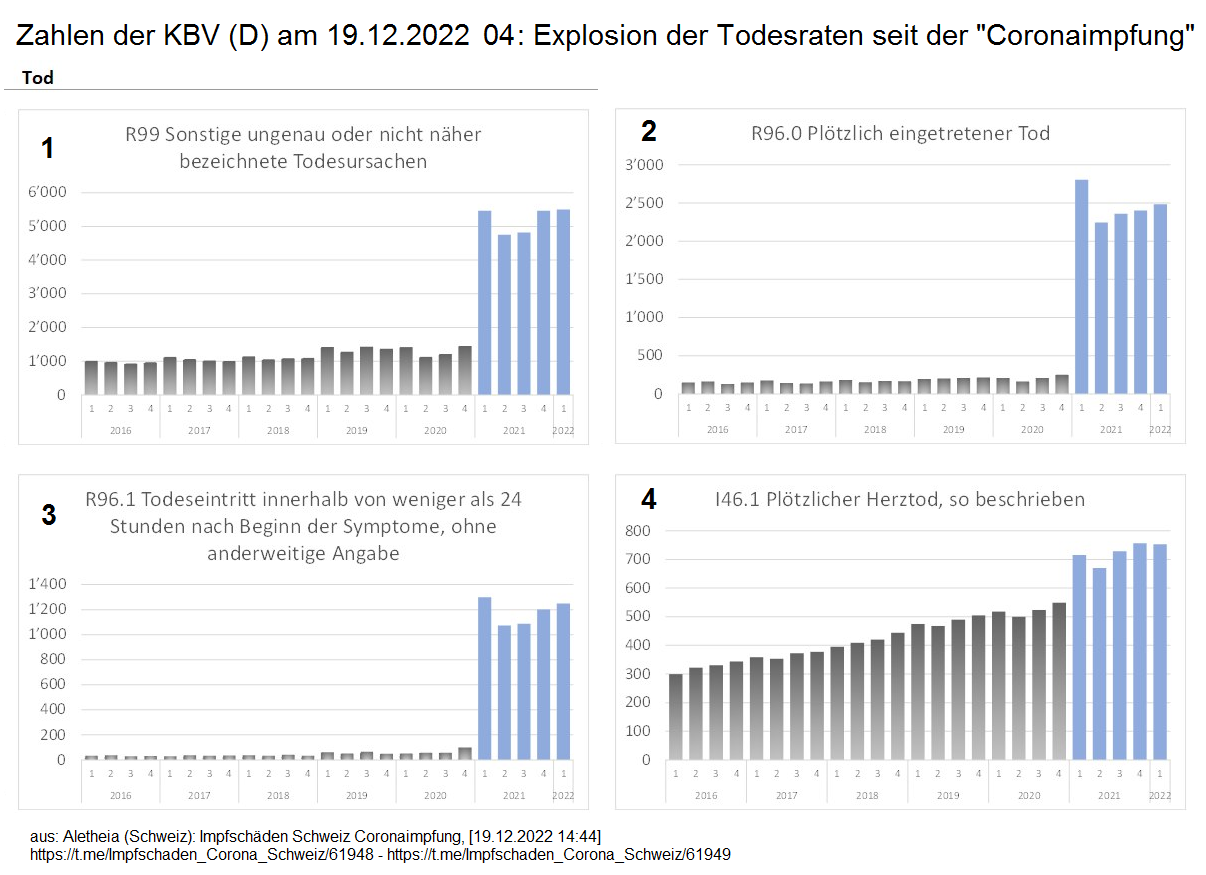Zahlen der KBV (D) am 19.12.2022 04: Explosion
der Todesraten seit der "Coronaimpfung" Zahlen der KBV (D) am 19.12.2022 04: Explosion der
Todesraten seit der "Coronaimpfung"