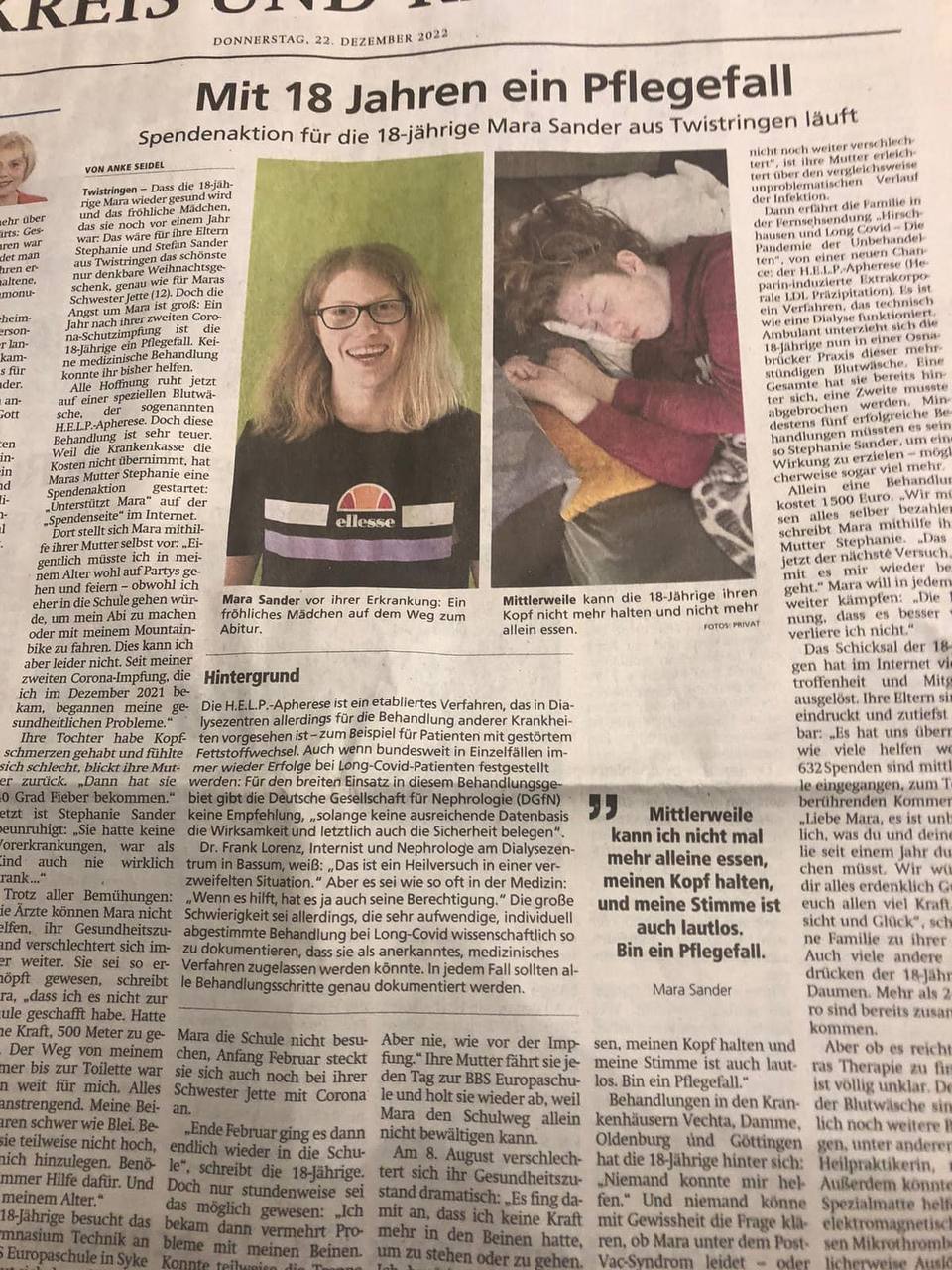 "Corona"-Impfschaden Twistringen
(Niedersachsen, 4R) 22.12.2022: Mara Sander 2x
geimpft: mit 18 ein Pflegefall "Corona"-Impfschaden Twistringen
(Niedersachsen, 4R) 22.12.2022: Mara Sander 2x
geimpft: mit 18 ein Pflegefall