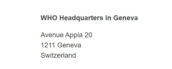 3.3.2023: Adresse der kriminellen WHO in
Genf 3.3.2023: Adresse der kriminellen WHO in
Genf