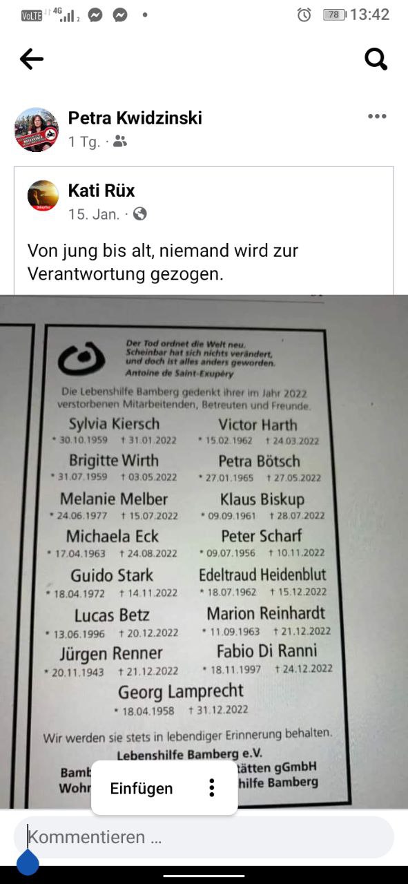 Verdacht "Corona"-Impfmorde Bamberg
(4R) am 9.3.2023: Da sind in einer Lebenshilfe
Anstalt viele MitarbeiterInnen gestorben Verdacht "Corona"-Impfmorde Bamberg
(4R) am 9.3.2023: Da sind in einer Lebenshilfe
Anstalt viele MitarbeiterInnen gestorben