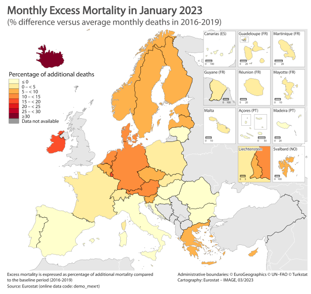 Karte EU mit Schweiz und
Liechtenstein: Übersterblichkeit
Januar 2023 Karte EU mit Schweiz
und Liechtenstein: Übersterblichkeit
Januar 2023