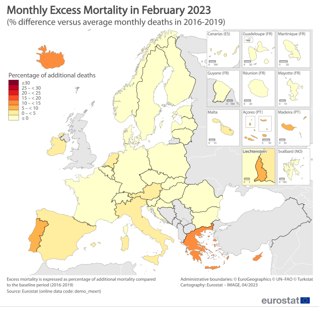 Karte EU mit Schweiz und
Liechtenstein: Übersterblichkeit
Februar 2023 Karte EU mit
Schweiz und Liechtenstein:
Übersterblichkeit Februar 2023