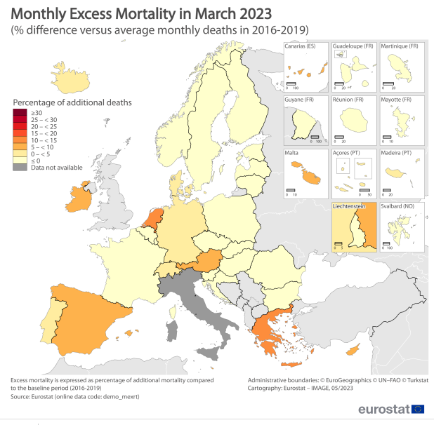 Karte EU mit Schweiz und
Liechtenstein: Übersterblichkeit
März 2023 Karte EU mit
Schweiz und Liechtenstein:
Übersterblichkeit März 2023