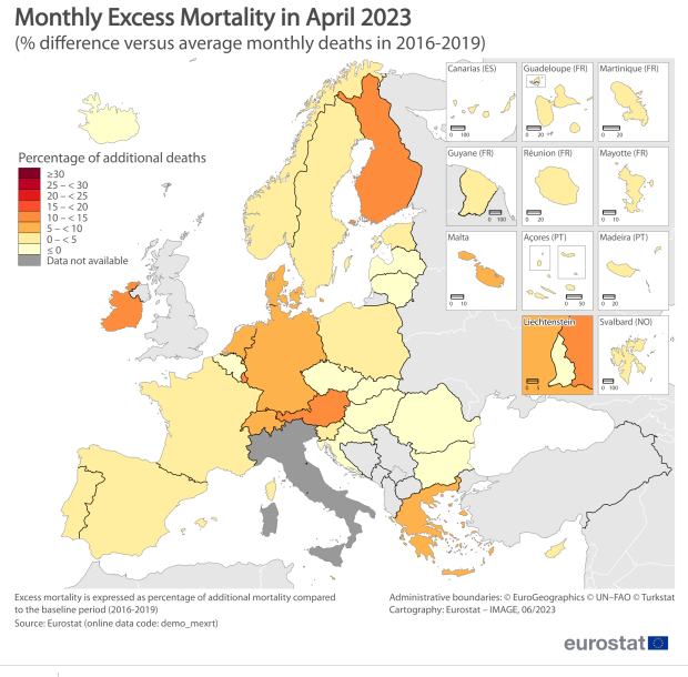 Karte EU mit Schweiz und
Liechtenstein: Übersterblichkeit
April 2023 Karte EU mit
Schweiz und Liechtenstein:
Übersterblichkeit April 2023