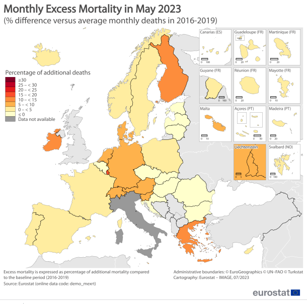 Karte EU mit Schweiz
und Liechtenstein:
Übersterblichkeit Mai 2023 Karte EU mit Schweiz und
Liechtenstein:
Übersterblichkeit Mai 2023