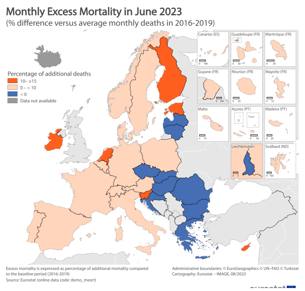 Karte EU mit Schweiz
und Liechtenstein:
Übersterblichkeit Juni 2023 Karte EU mit Schweiz
und Liechtenstein:
Übersterblichkeit Juni 2023