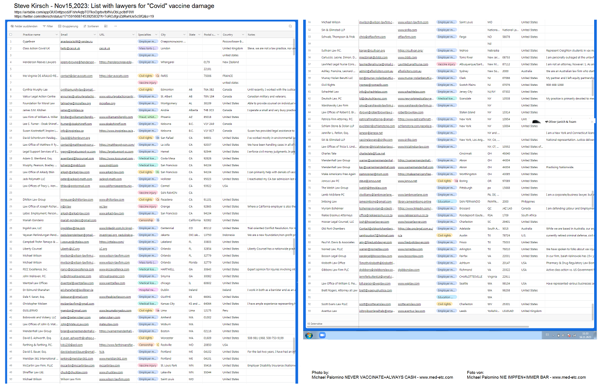 Widerstand "USA" 16.11.2023: Steve
Kirsch hat eine Liste mit Anwälten gegen
"Corona"-Impfschäden Widerstand
"USA" 16.11.2023: Steve Kirsch hat eine
Liste mit Anwälten gegen
"Corona"-Impfschäden