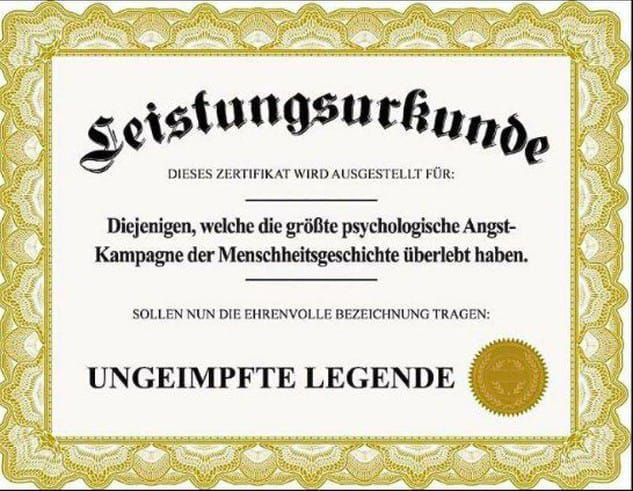 Widertand am 4.8.2024: UNgeimpfte können sich
als "ungeimpfte Legende" diplomieren Widertand am 4.8.2024: UNgeimpfte können sich als
"ungeimpfte Legende" diplomieren