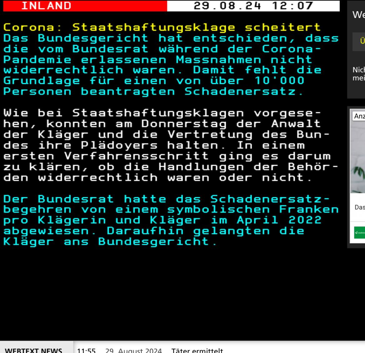 Kr. Justiz Schweiz am 30.8.2024: Bundesrat
wollte nicht symbolisch 1 Franken pro Klägerperson
spenden - Bundesgericht behauptet, Coronawahn war
rechtens Kr. Justiz Schweiz am 30.8.2024:
Bundesrat wollte nicht symbolisch 1 Franken pro
Klägerperson spenden - Bundesgericht behauptet,
Coronawahn war rechtens