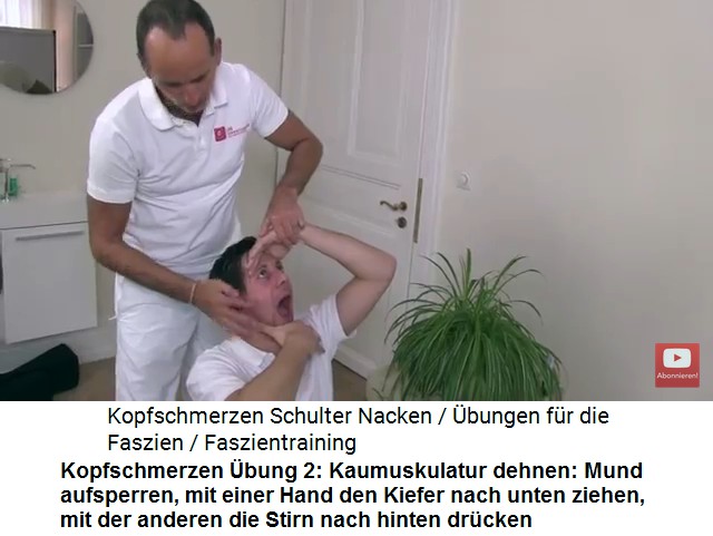 Kopfschmerzen Video 1
                      �bung 2: Den Mund aufsperren und die Kaumuskulatur
                      entspannen: Mit der einen Hand wird der Kiefer
                      nach unten gezogen, mit der anderen Hand die Stirn
                      nach hinten gedr�ckt