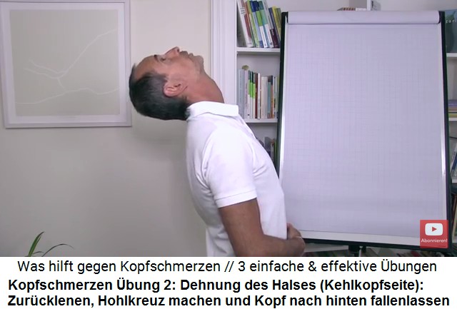 Kopfschmerzen Video 2
                      �bung 2: Die Hals-Vorderseite (Kehlkopfseite)
                      dehnen: Man macht ein Hohlkreuz, streckt den Bauch
                      raus und l�sst den Kopf nach hinten fallen, so
                      dass man nur noch die Decke sieht