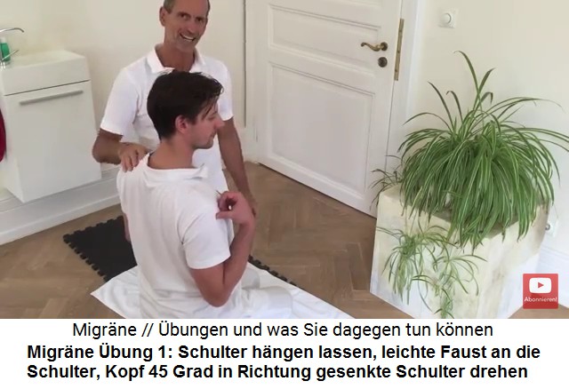 Migr�nestrang dehnen 01
                    mit 45 Grad gedrehtem Kopf in Richtung h�ngende
                    Schulter, Kopf in die entgegengesetzte Richtung
                    ziehen